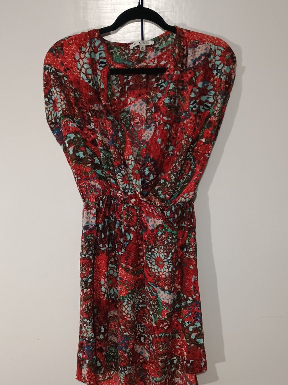 CAbi Medium Abstract Floral Print Faux Wrap Dress Red Blue Rayon Boho Fit & Flar - Picture 3 of 7